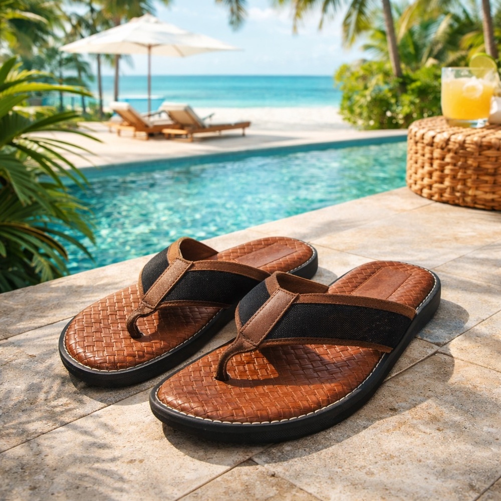 Tommy Bahama Relax Men’s Leather Flip Flop Sandals Brown Woven Footbed Size 12